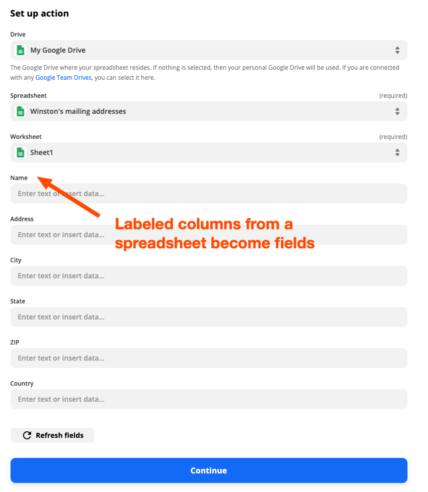 A screenshot of the Google Sheets step in Zapier showing that labeled column names become the field names in your Zap.