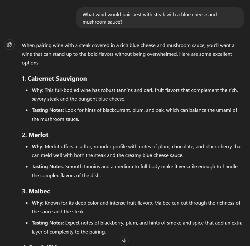 Briana asks the AI what "wind" to pair with steak, and it knows she means "wine," and answers accordingly.
