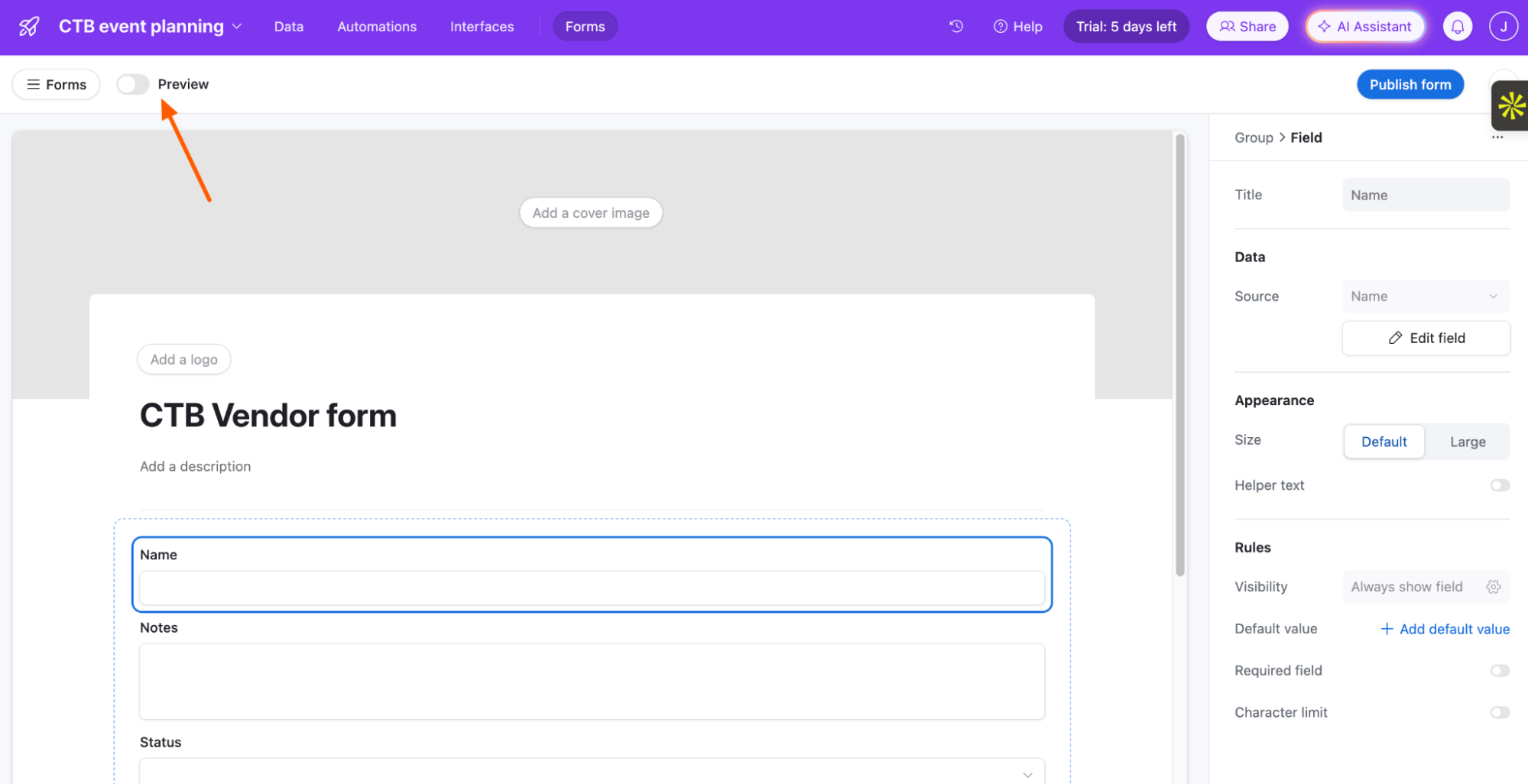 How to preview an Airtable form built using interfaces.