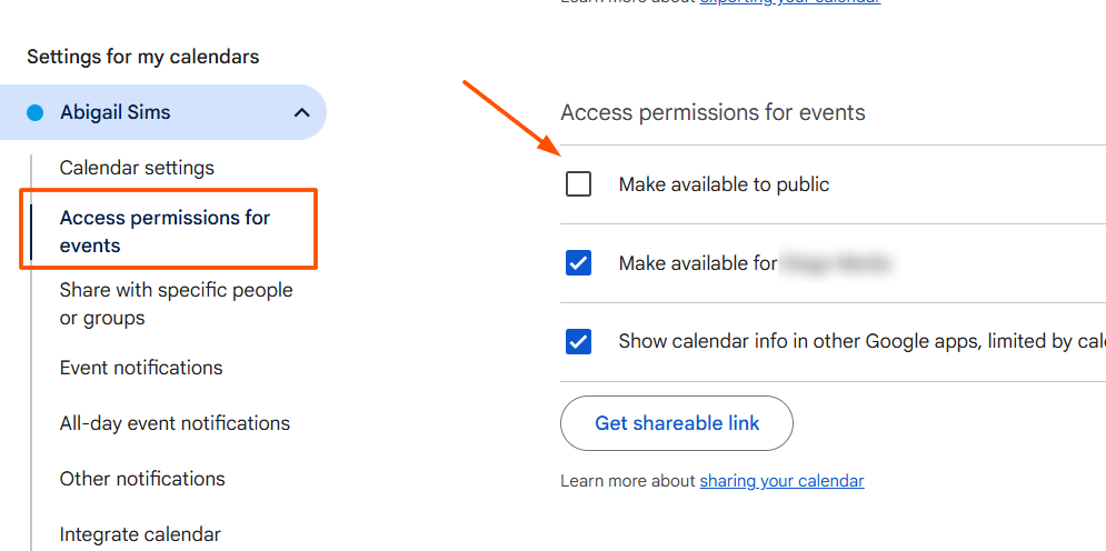 Screenshot of access permissions options