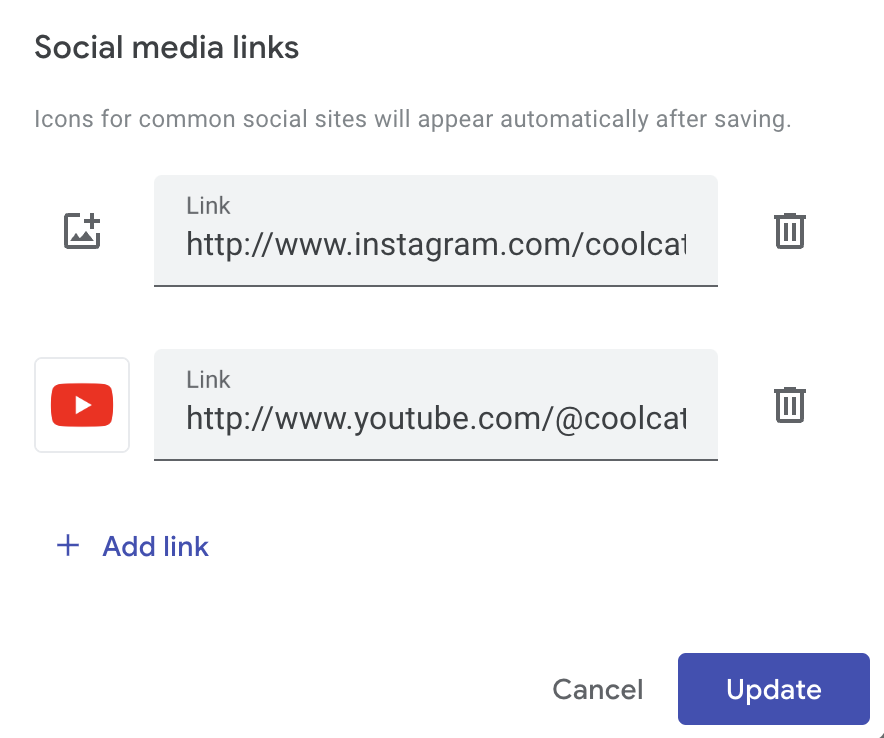 How to add social links in Google Sites.