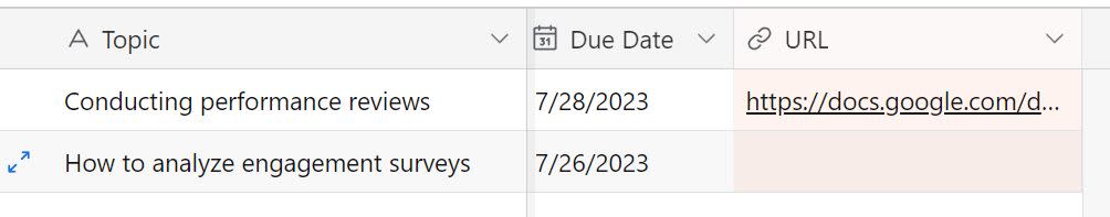 An Airtable board with a Google Doc URL added to the URL field.