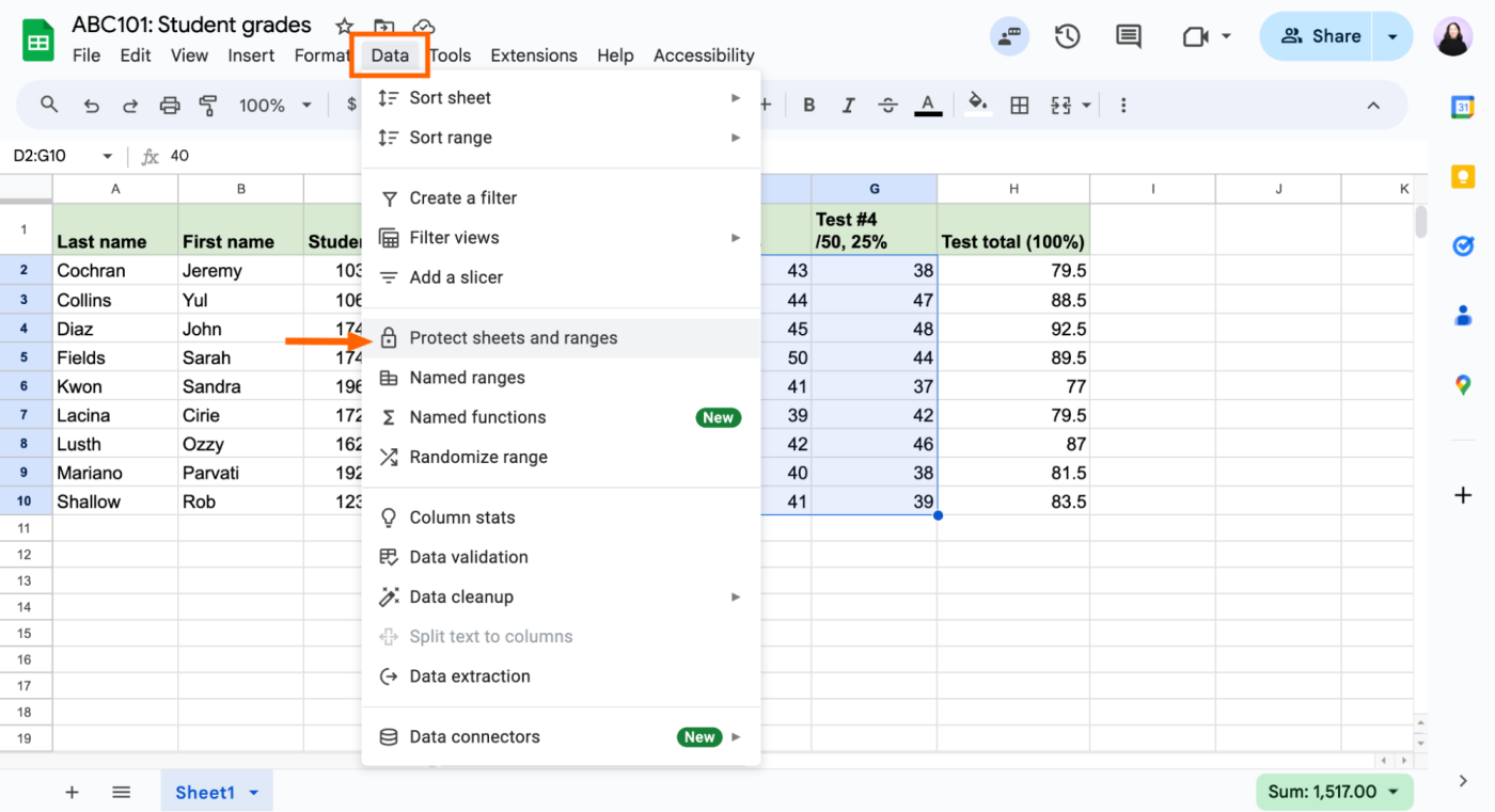 Data dropdown in Google Sheets with the protect sheets and ranges option highlighted.