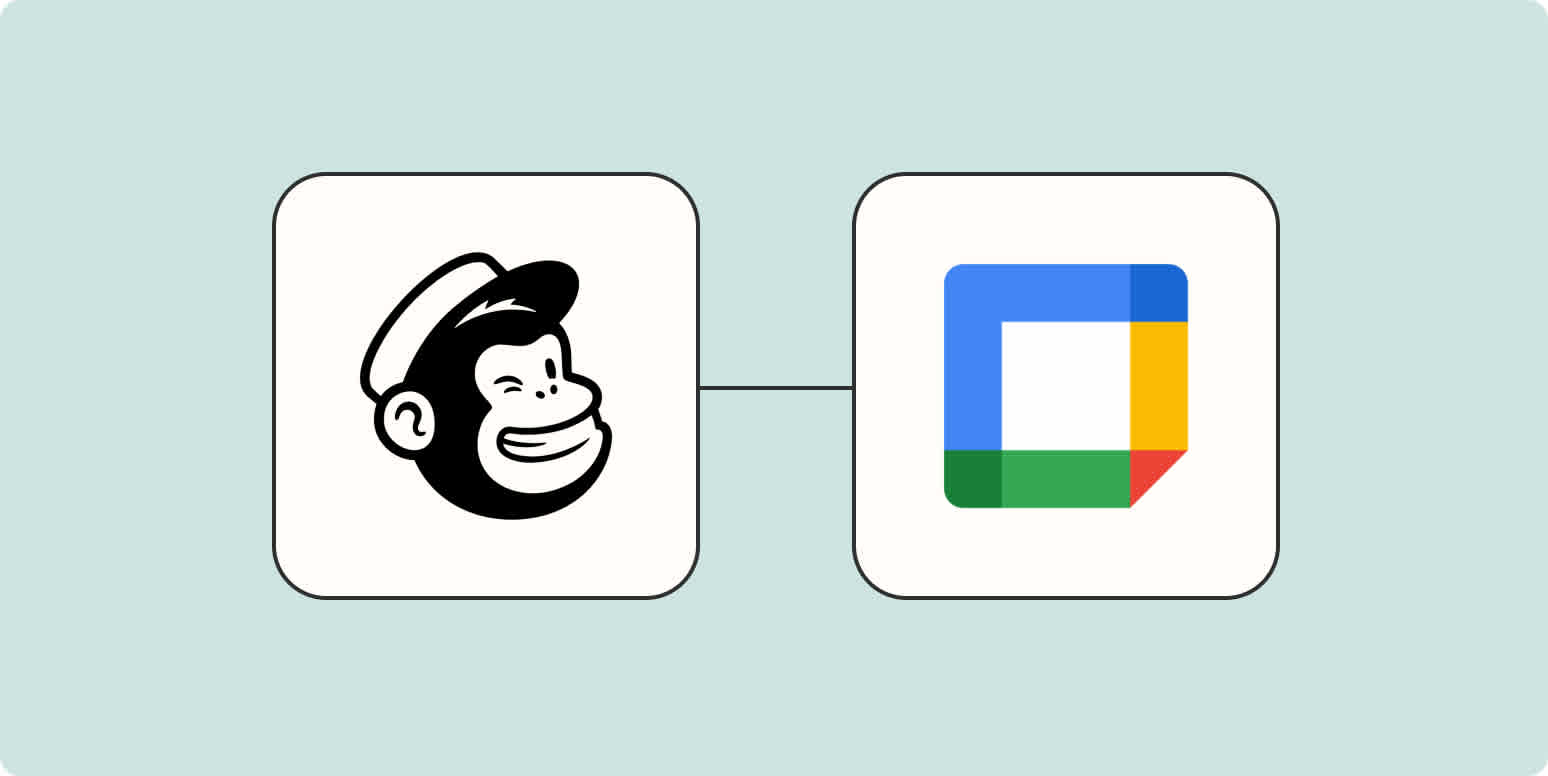 A hero image of the Mailchimp app logo connected to the Google Calendar app logo on a light blue background.