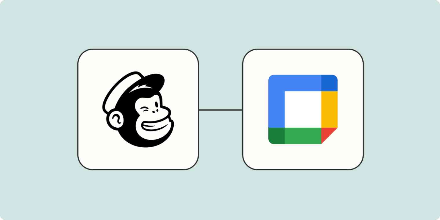 A hero image of the Mailchimp app logo connected to the Google Calendar app logo on a light blue background.