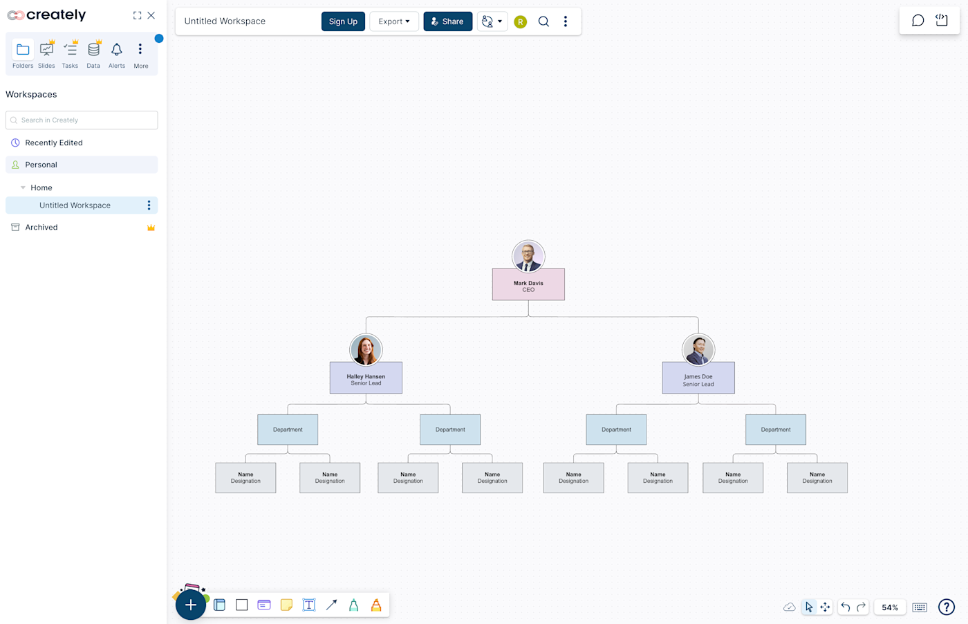 Screenshot of Creately org chart building interface with editing widget and tags showing people's names.