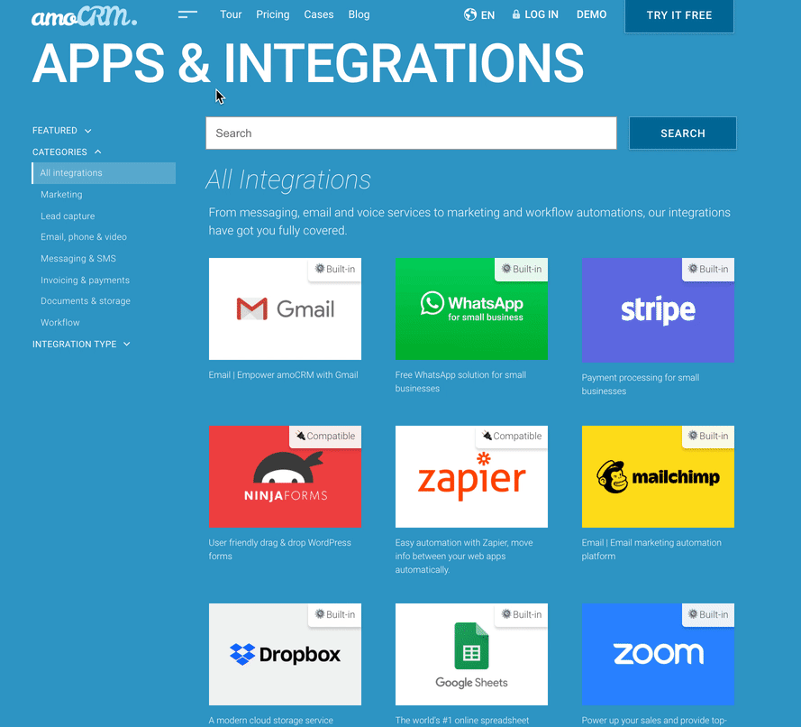 The amoCRM app directory with Zap templates highlighted on the page.