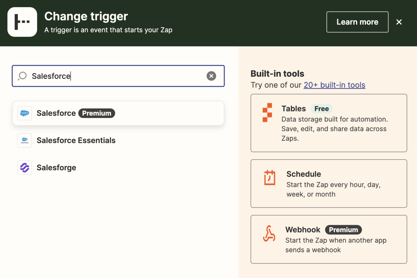 A trigger step in the Zap editor with "Salesforce" added to the trigger app search field.
