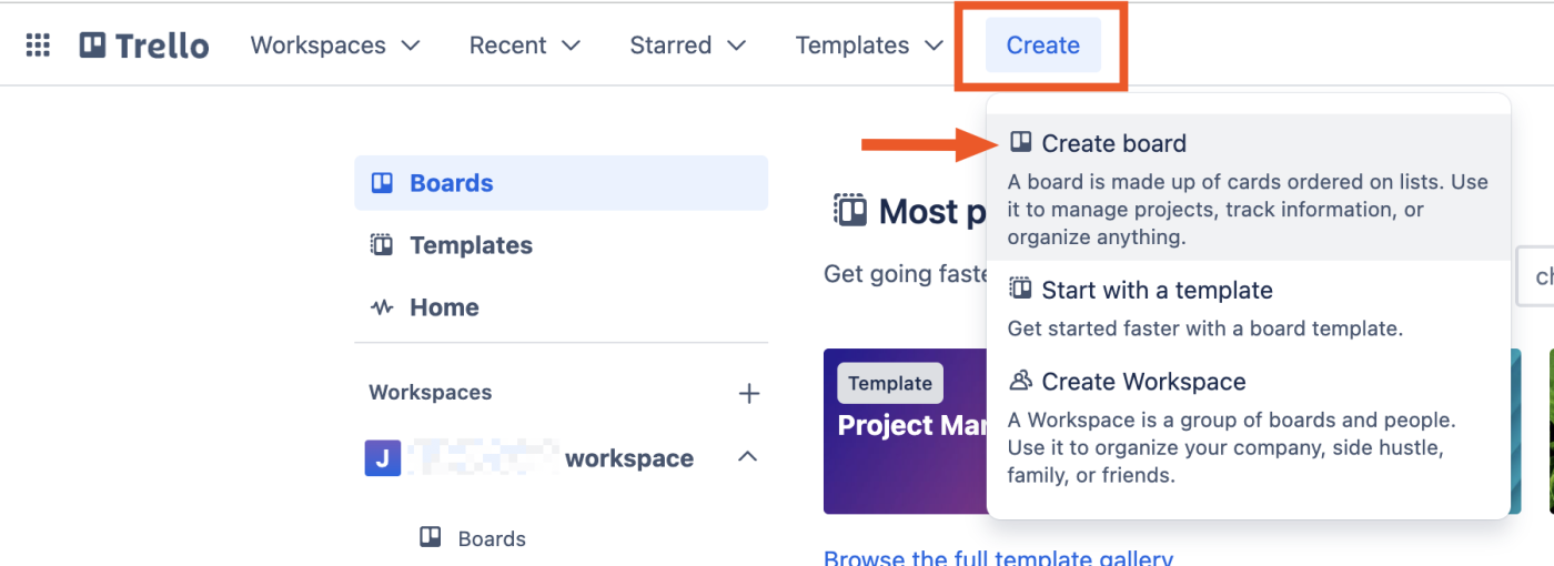 Expanded view of the create option in Trello with an arrow pointing to "create board."