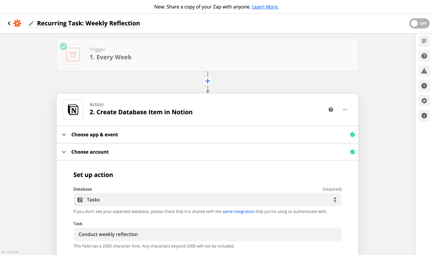 A screenshot of the Zapier editor showing a Schedule trigger for Every Week and a Notion action to create a database item.