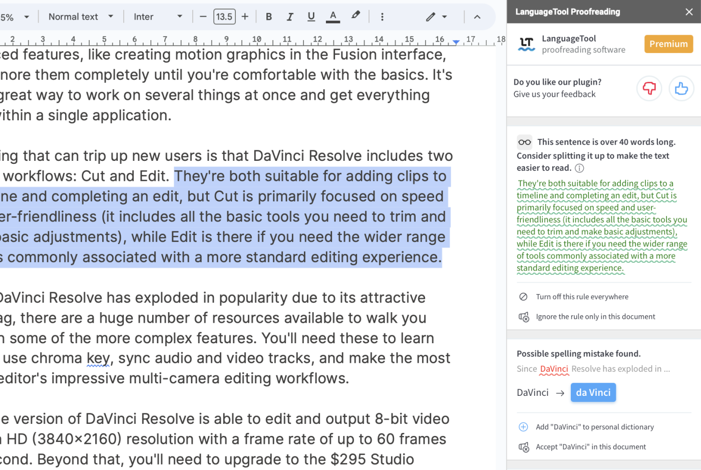 Demo of how to find synonyms for text in a doc using the OneLook Thesaurus Google Docs add-on.