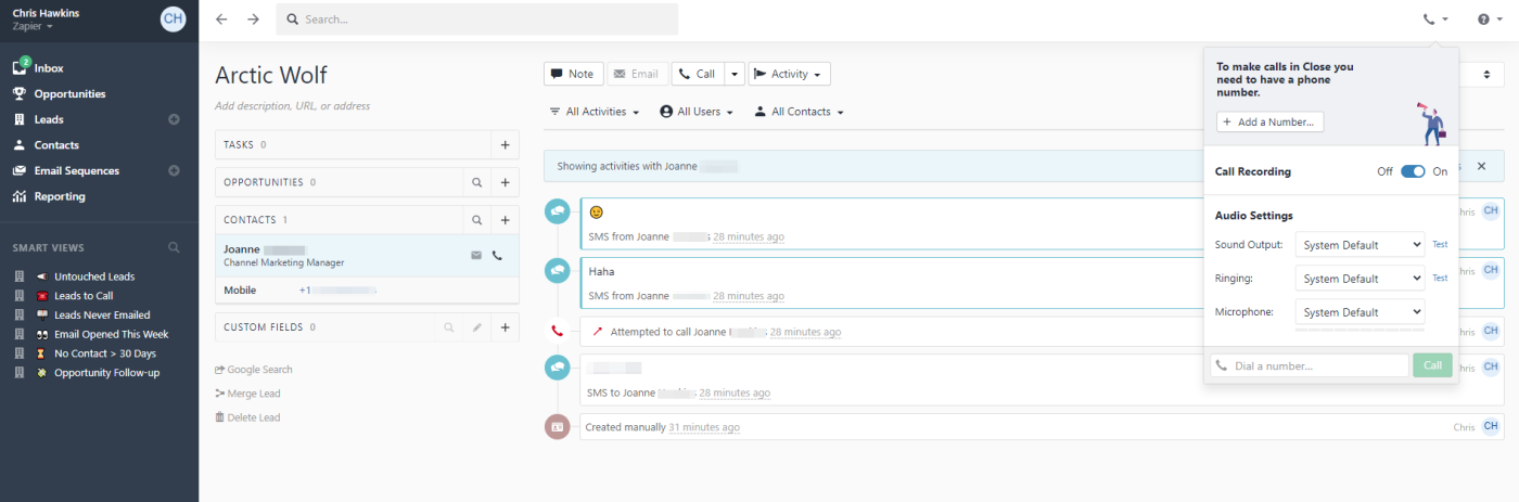 A screenshot of Close, our pick for the best CRM for inside sales teams