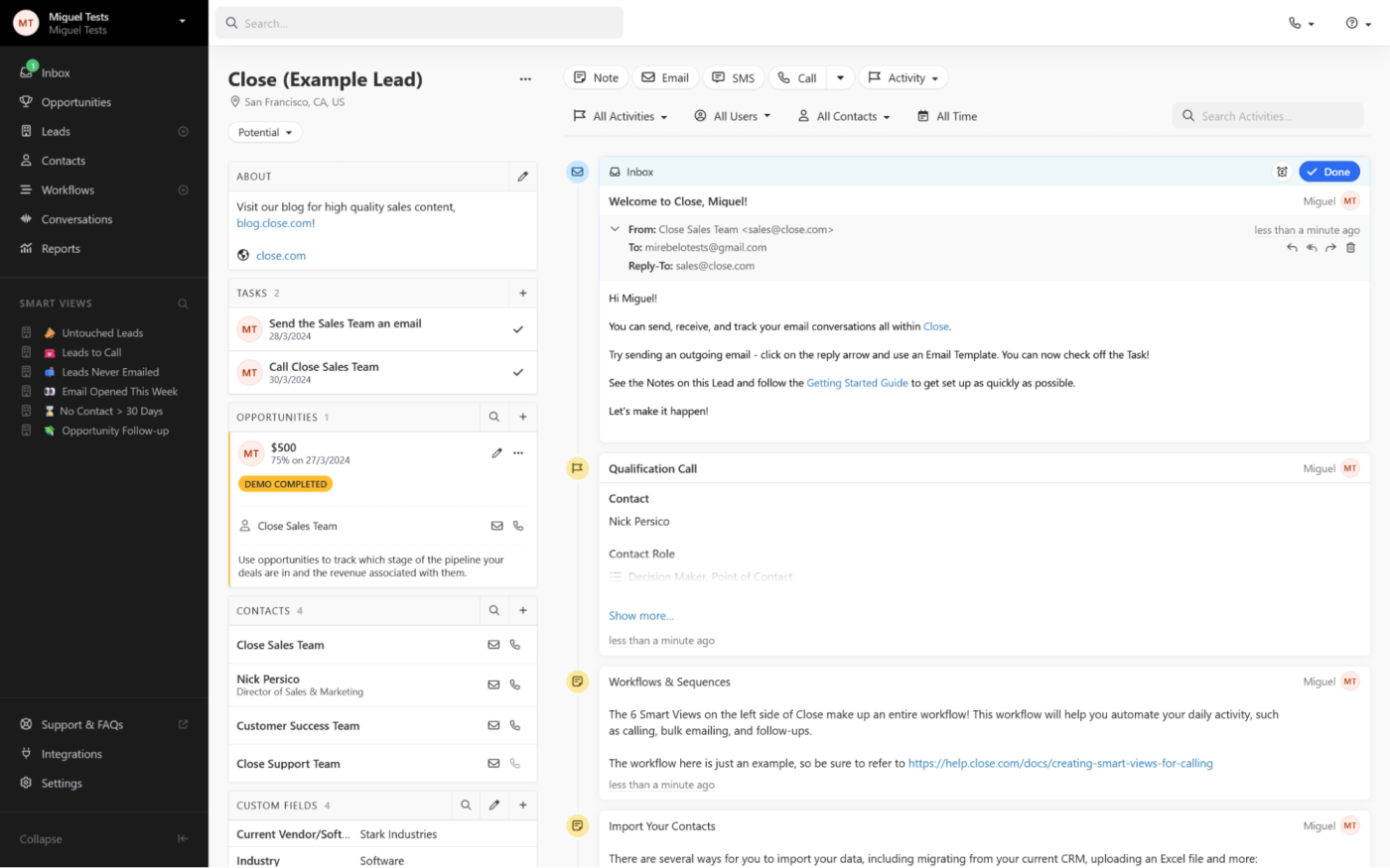 A screenshot of Close, our pick for the best CRM for faster lead prospecting