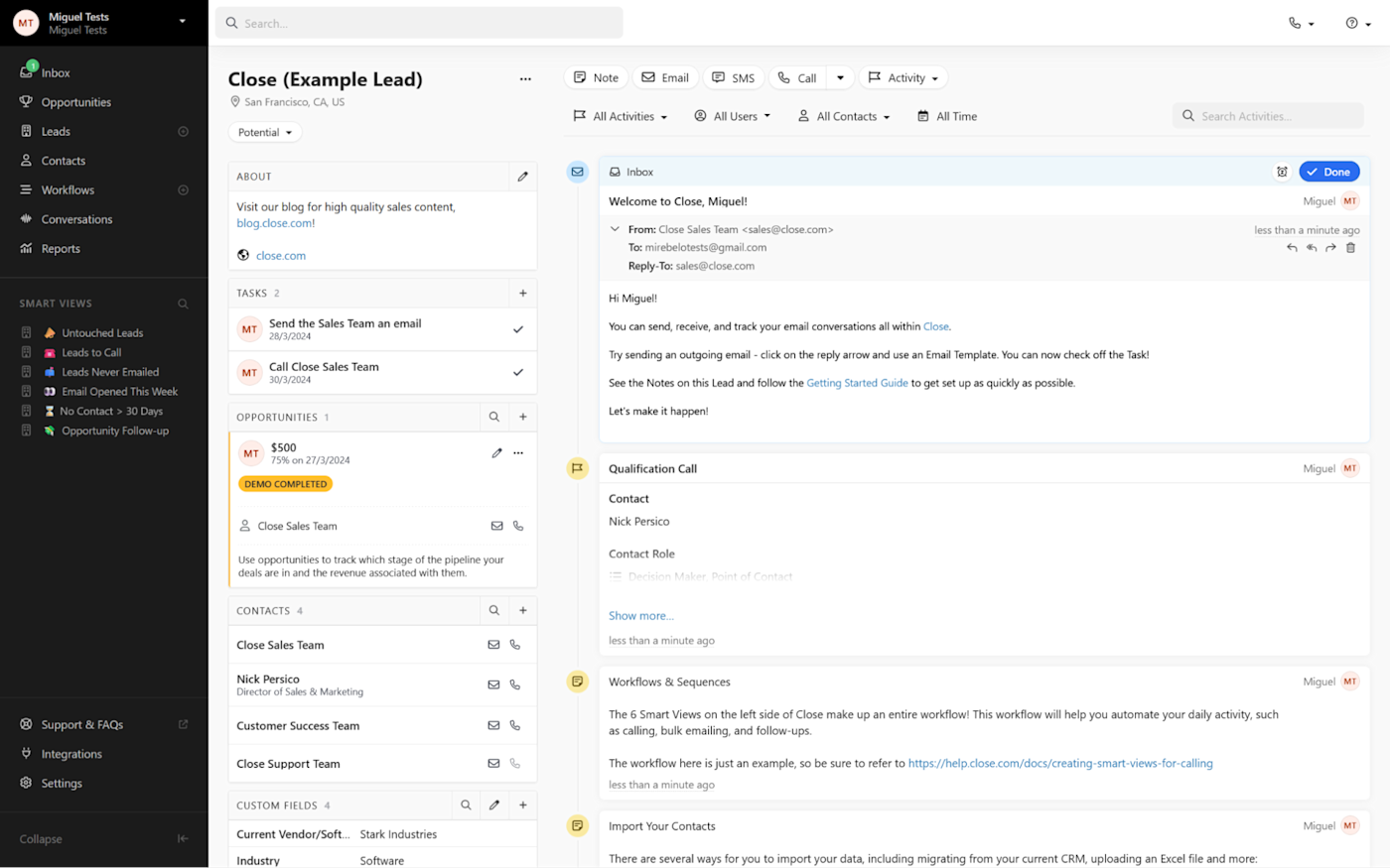 A screenshot of Close, our pick for the best CRM for faster lead prospecting