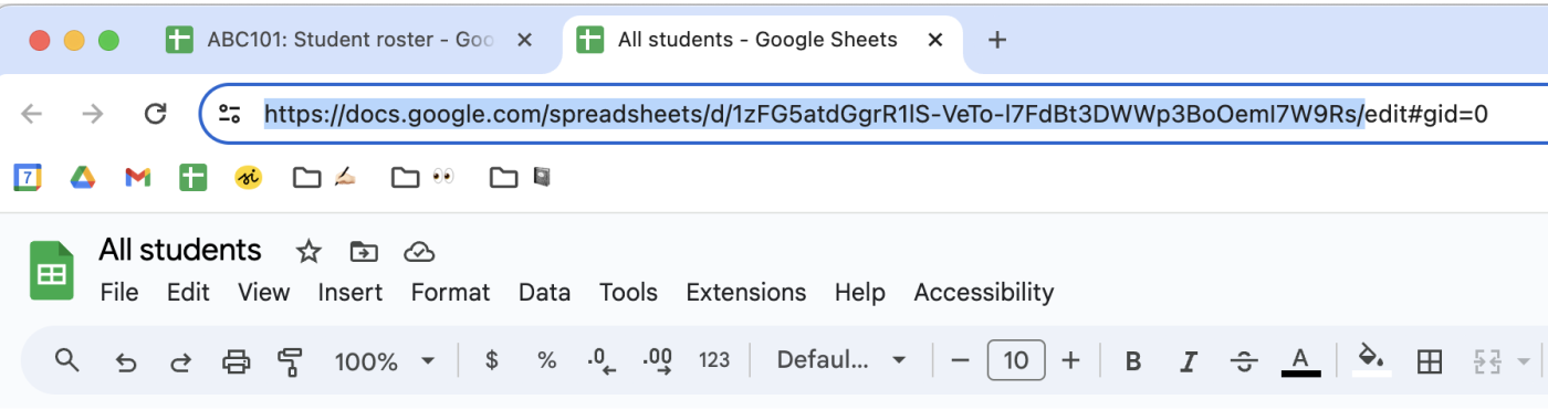 The source spreadsheet's URL highlighted in the browser address bar. 