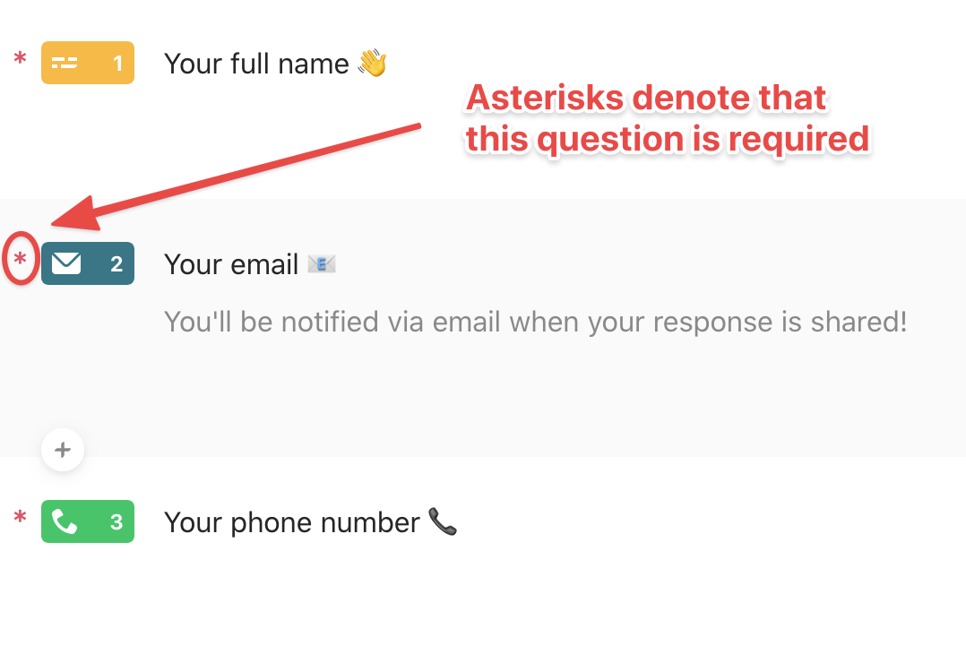 A screenshot of the Typeform setup screen with an asterisk next to fields and a caption saying "Asterisks denote that this question is required"