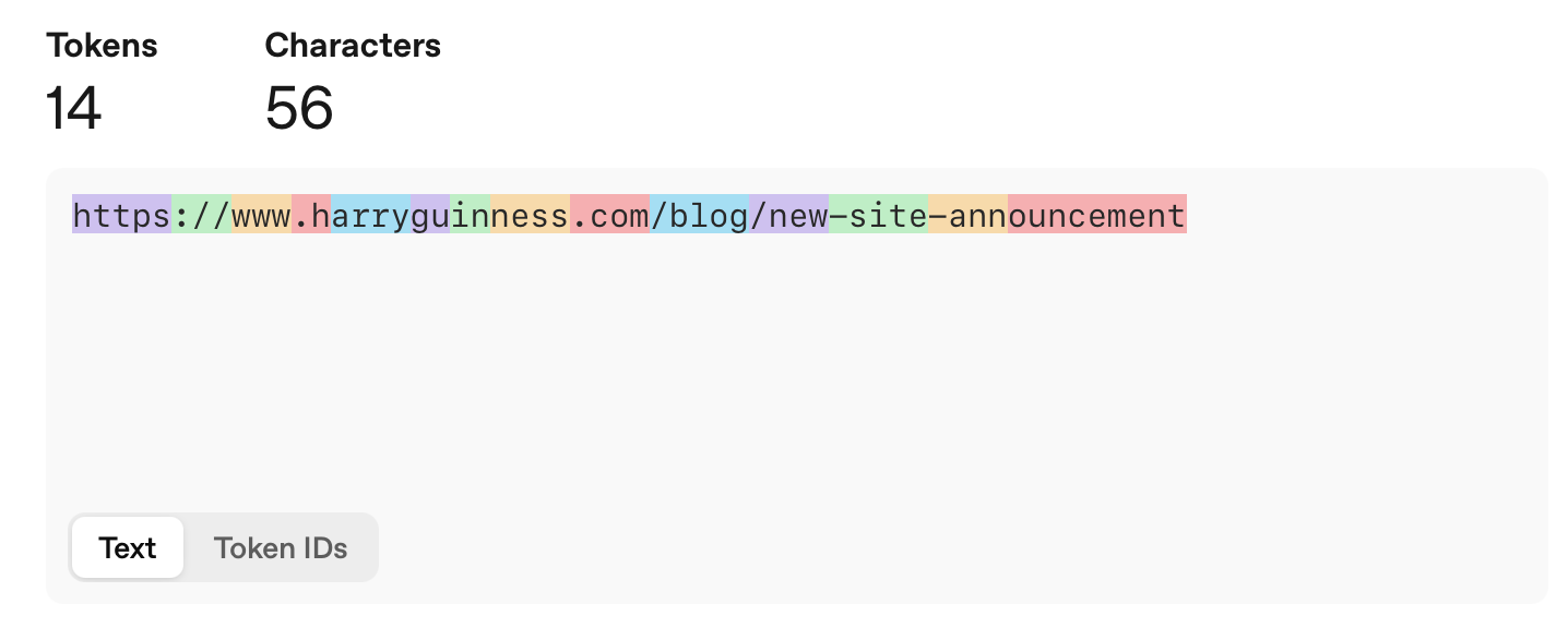 Example of a URL broken down into tokens in AI using OpenAI's tokenizer.