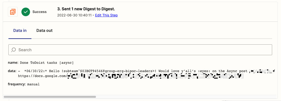 Viewing a Zap run in greater detail. The "Data in" tab shows the new entry added to a digest. 