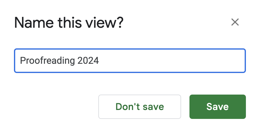 Name this filter view popup in Google Sheets.