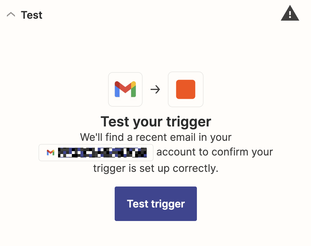 A screenshot of the Zap editor prompting to test the Gmail trigger step.