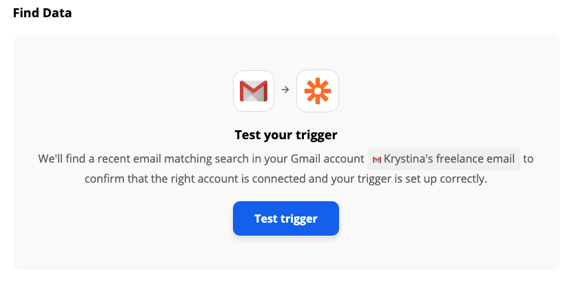 A screenshot of the Zap editor prompting to test the Gmail trigger step.