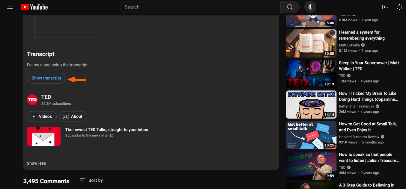 Screenshot of the "show transcript" button with an orange arrow pointing to it