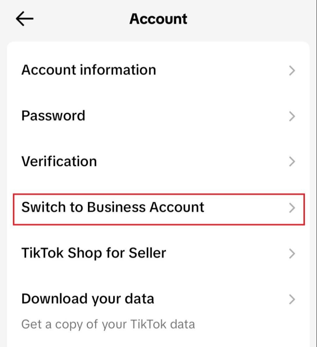 Choosing Switch to Business Account on TikTok