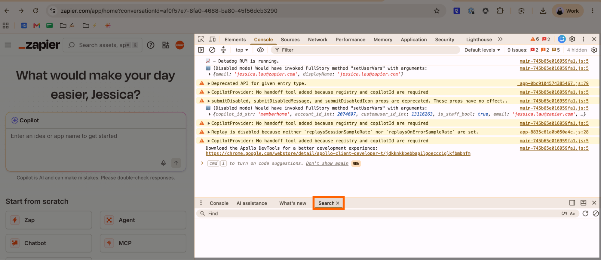 Console tab in the DevTools pane with the search tab highlighted.