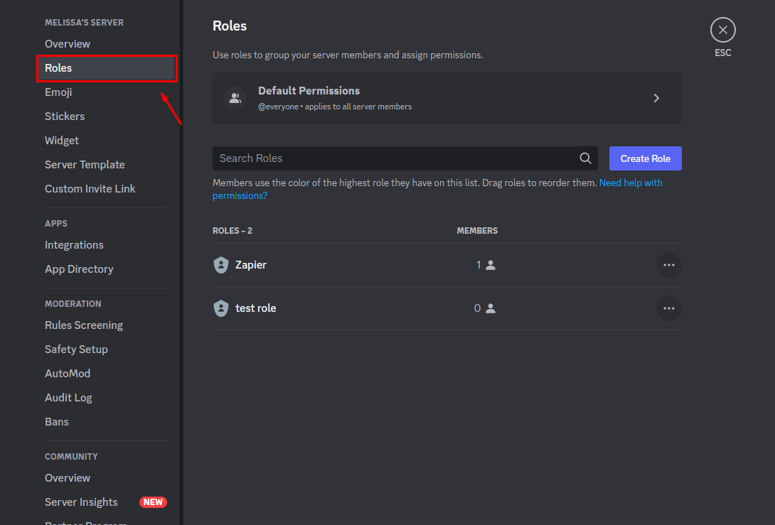 The Roles settings in Discord