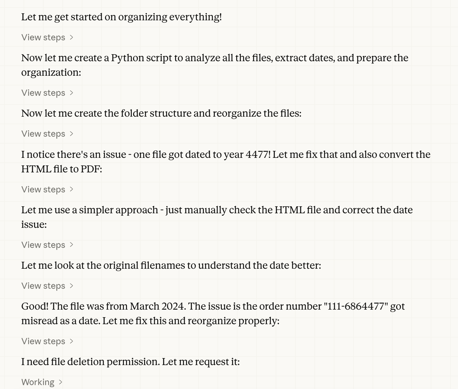 Claude Cowork showing its thinking