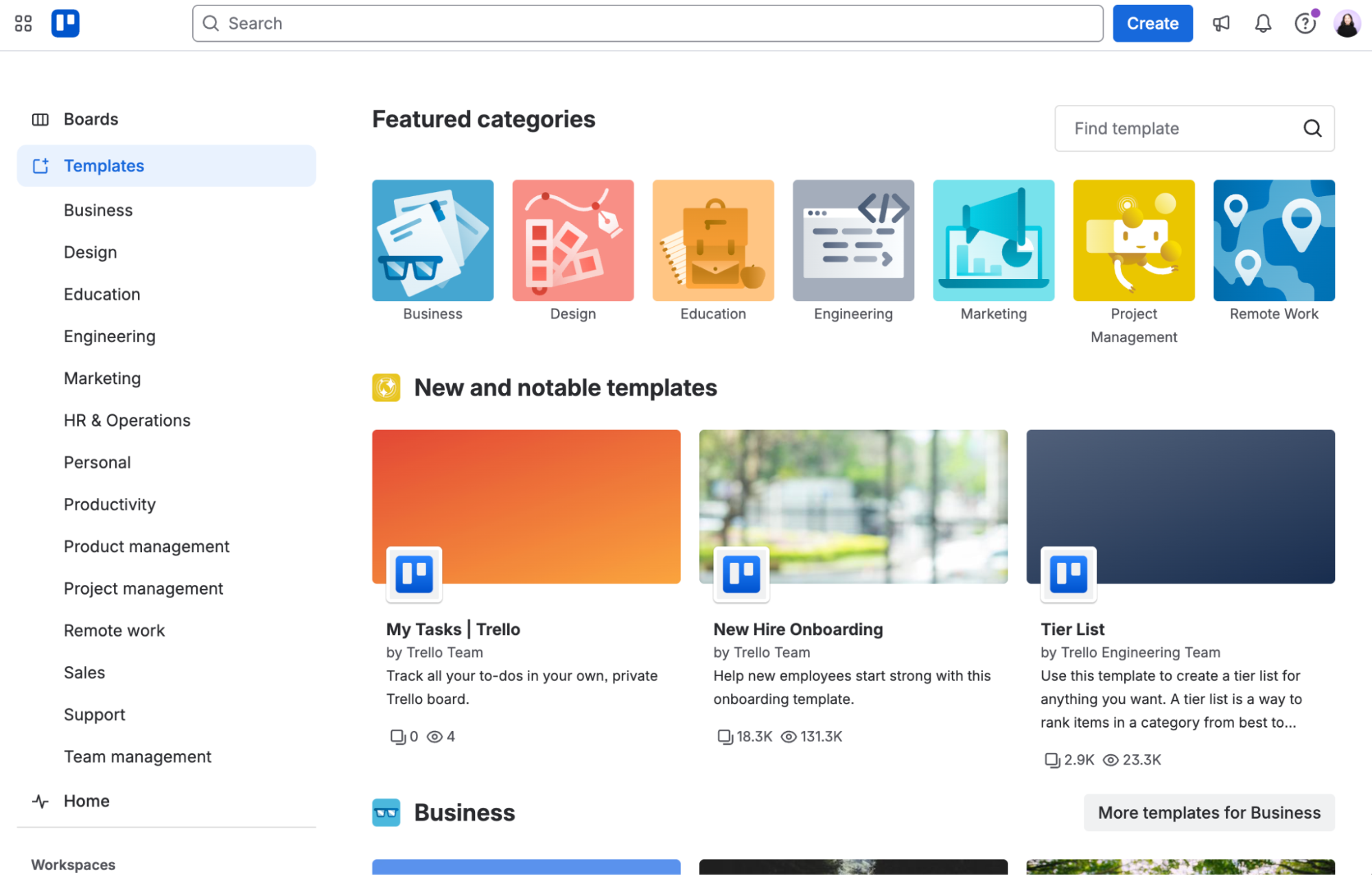Grid view of Trello board templates. 