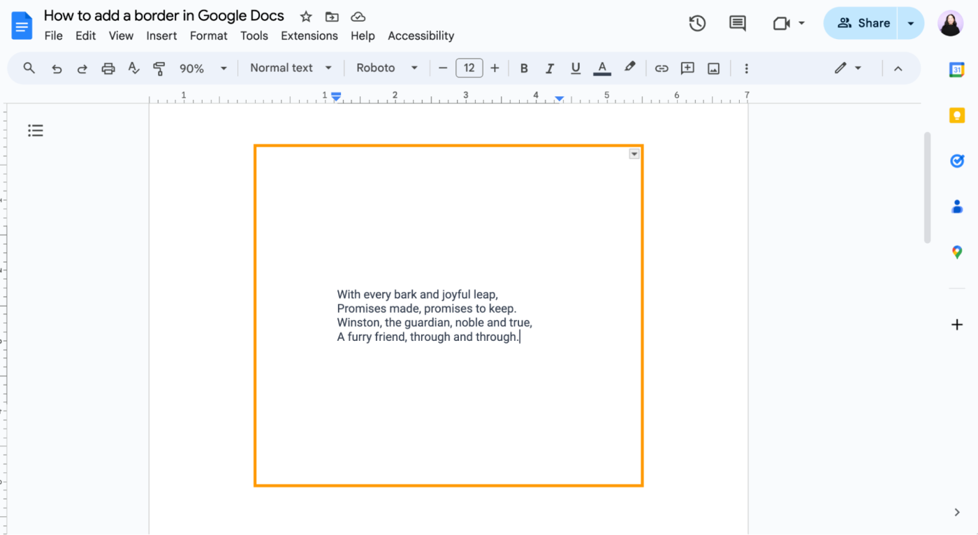 Example of a thick, yellow table border in Google Docs. 