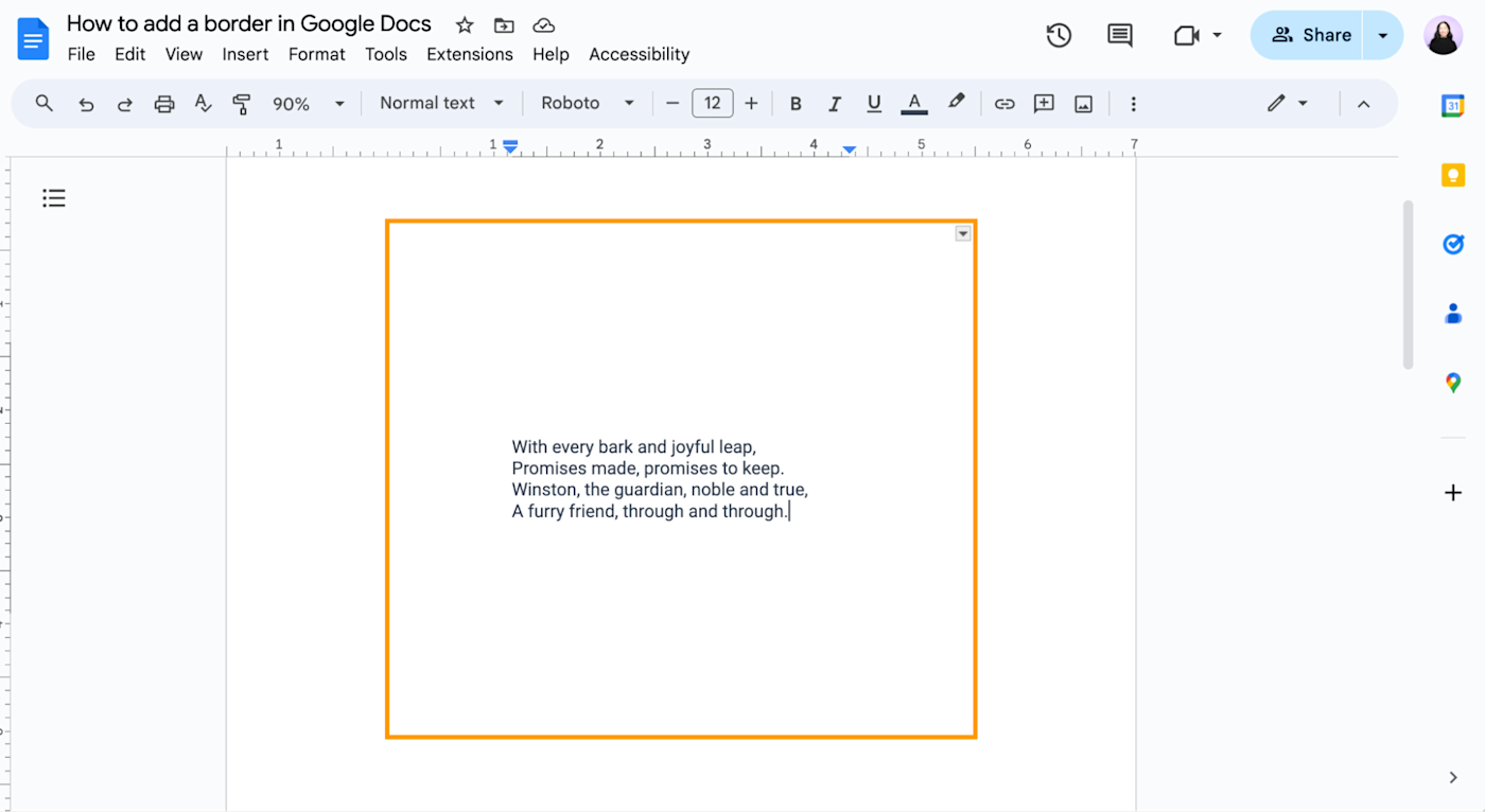 Example of a thick, yellow table border in Google Docs. 