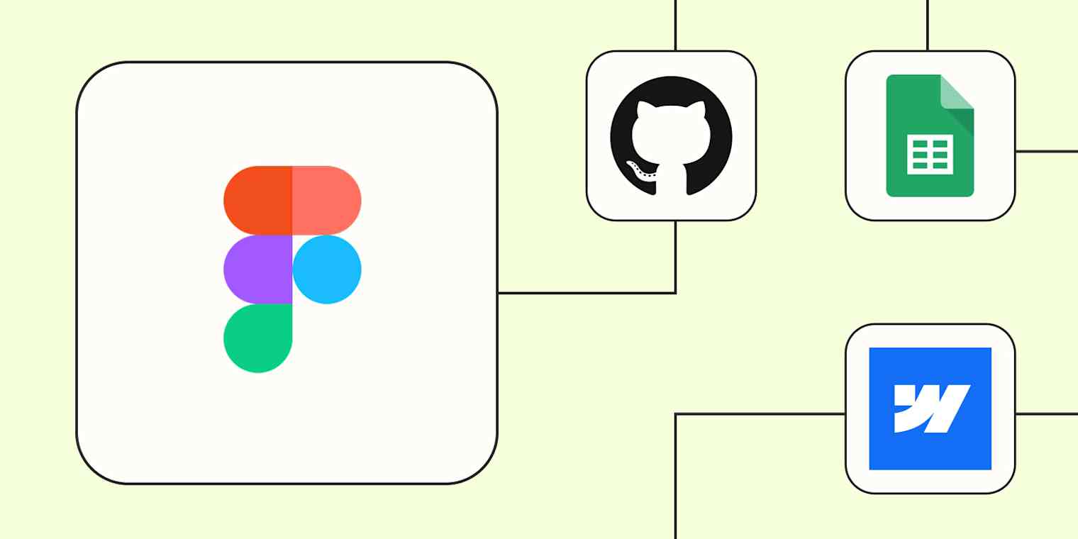 A hero image of the Figma app logo connected to other app logos on a light yellow background.