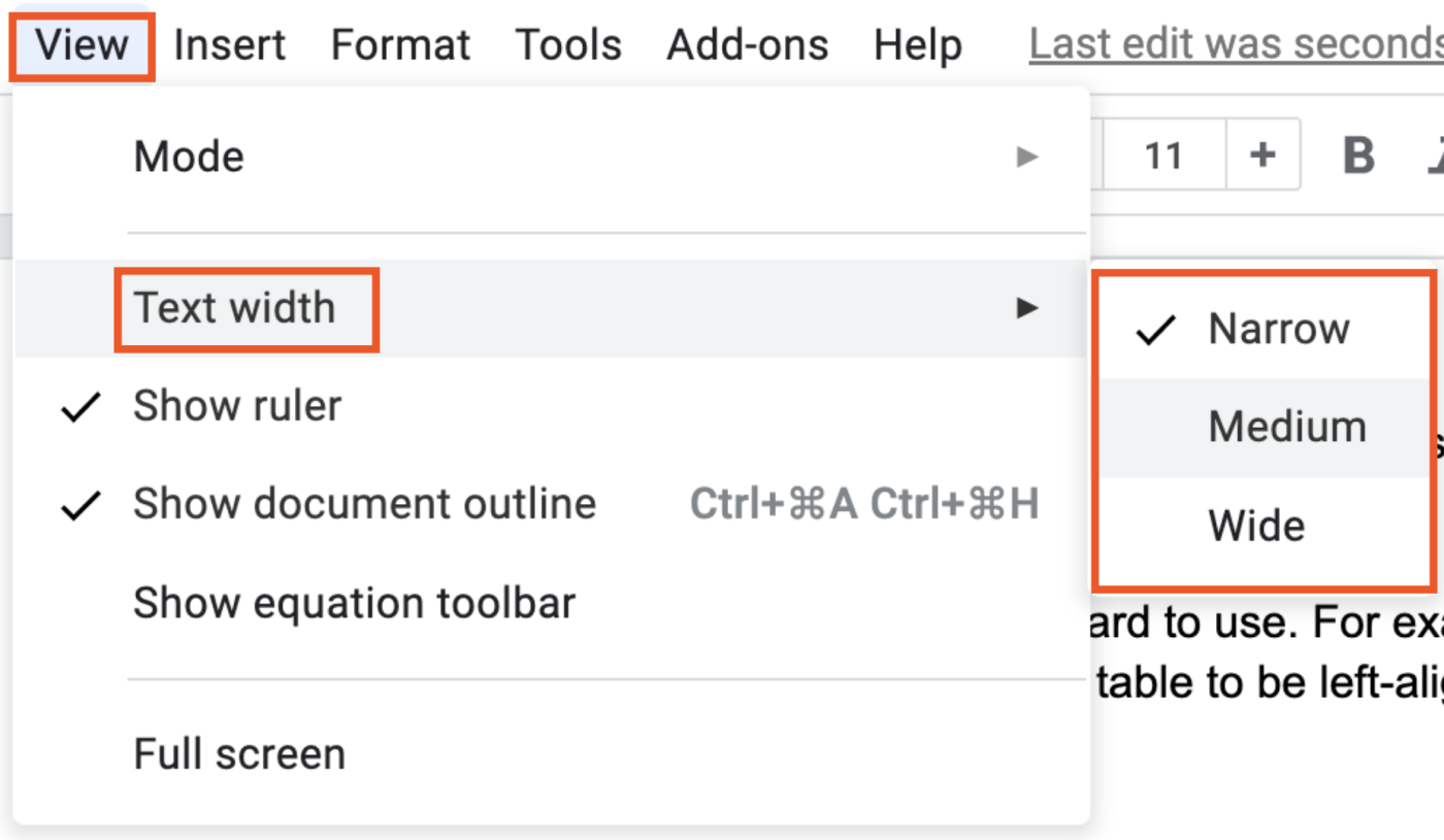 Selecting the text width in Google Docs pageless format