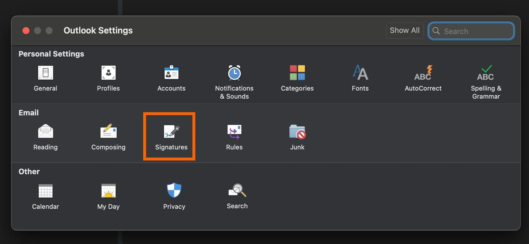 Screenshot of where to find the signatures menu in the email tab in Outlook