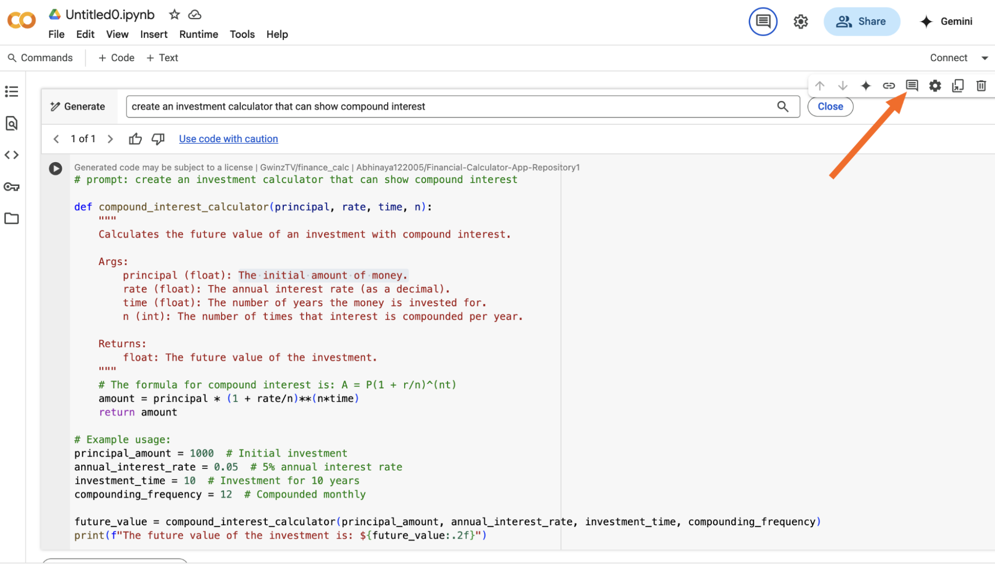 The button to add a comment in Google Colab