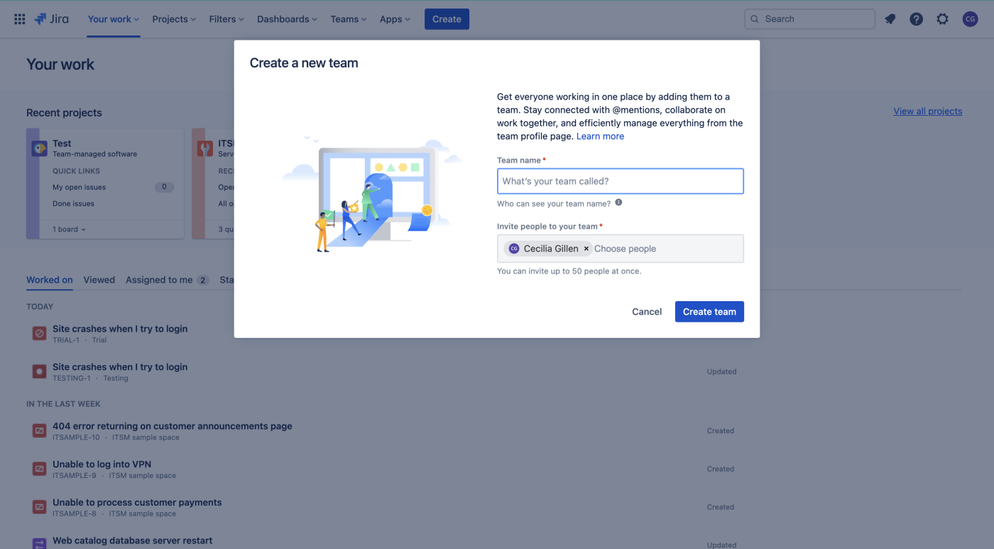 Screenshot showing how to create a new team in Jira.