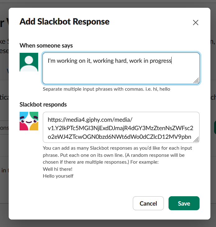 Screenshot of the "Add Slackbot response" window in Slack
