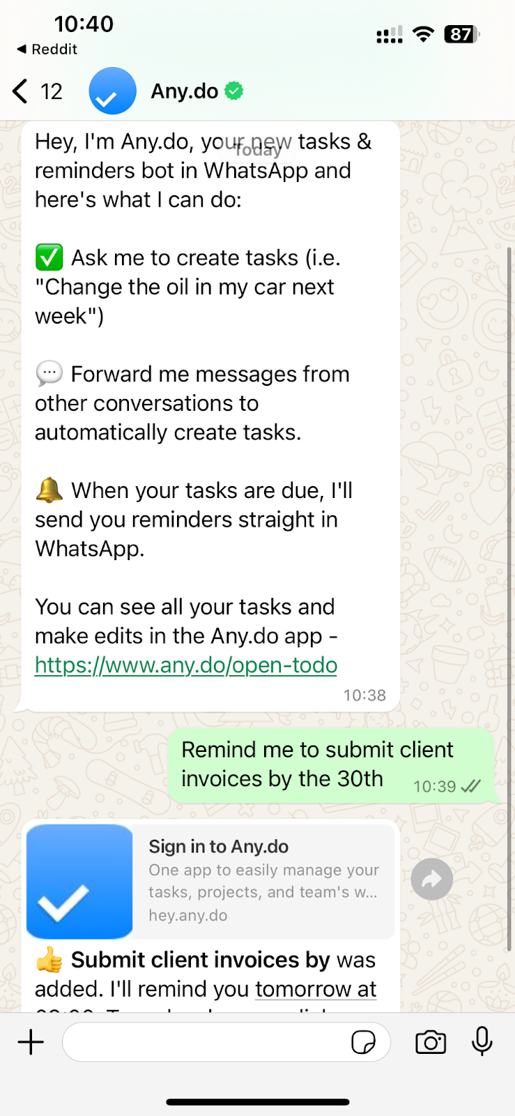 A chat between the Any.do bot in WhatsApp messages and the user, with an introductory welcome message from Any.do, followed by a request from the user to "Remind me to send client invoices by the 30th"