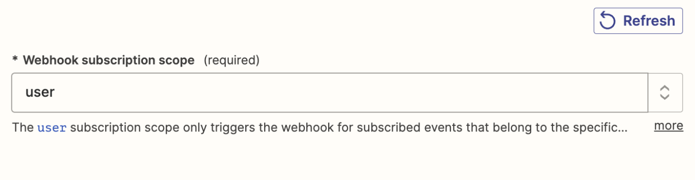 The webhook subscription scope field in the Zap editor with "user" entered in the field.