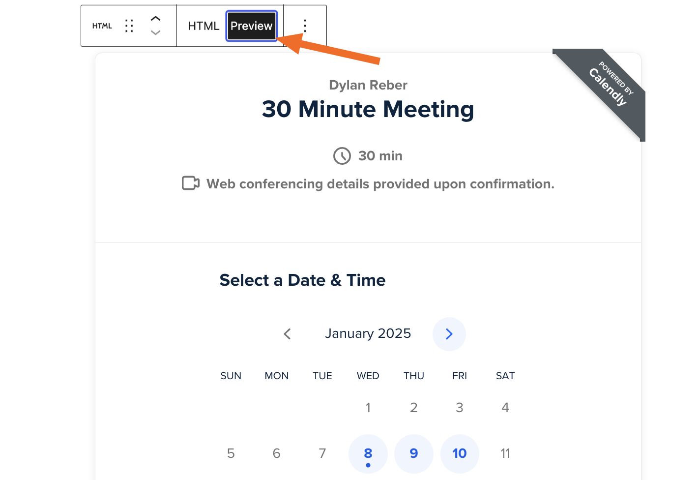 Screenshot of the preview meeting button in WordPress