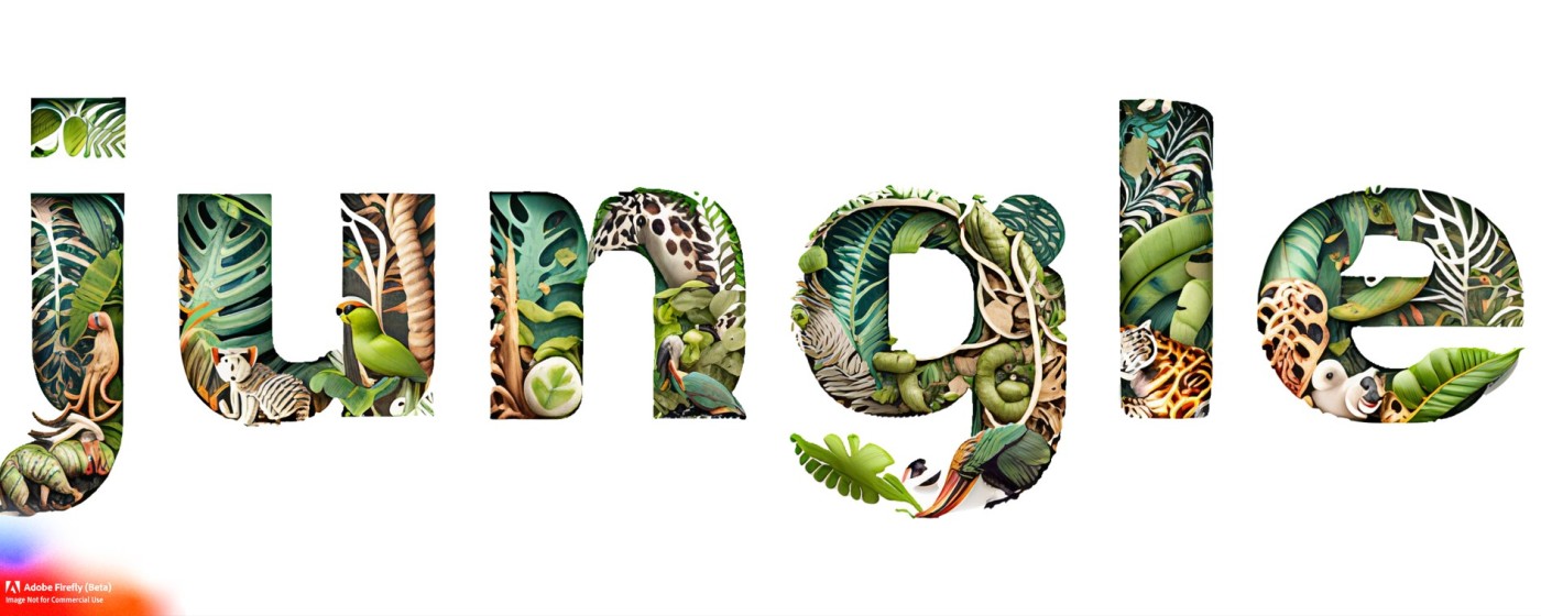 The word jungle in all lowercase with jungle imagery inside the letters