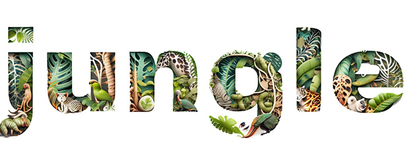 The word jungle in all lowercase with jungle imagery inside the letters
