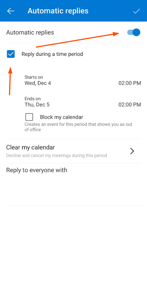 Screenshot of automatic reply message field in Outlook mobile