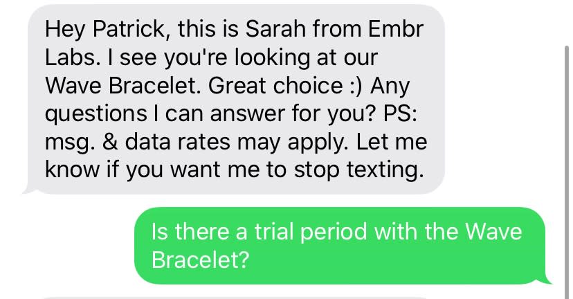 A text message exchange from Embr labs where they text the customer asking if they have any questions and the customer replies to ask if there