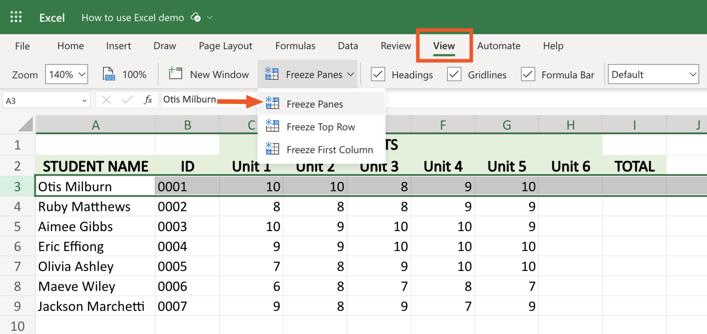 How to freeze panes in Excel.