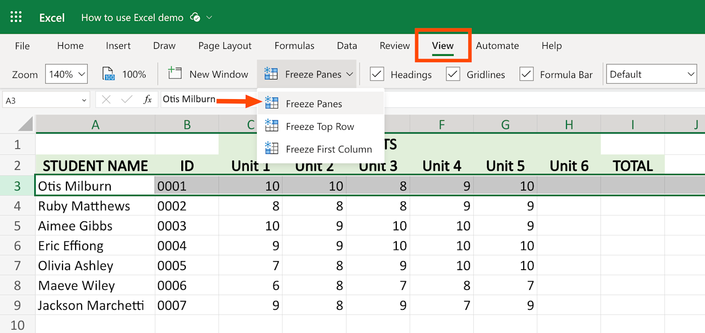 How to freeze panes in Excel.