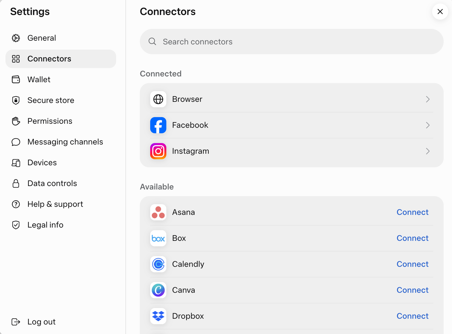 The Connectors tab in Meta Muse