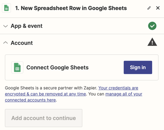 A purple Sign in button to sign in to your Google Sheets account.